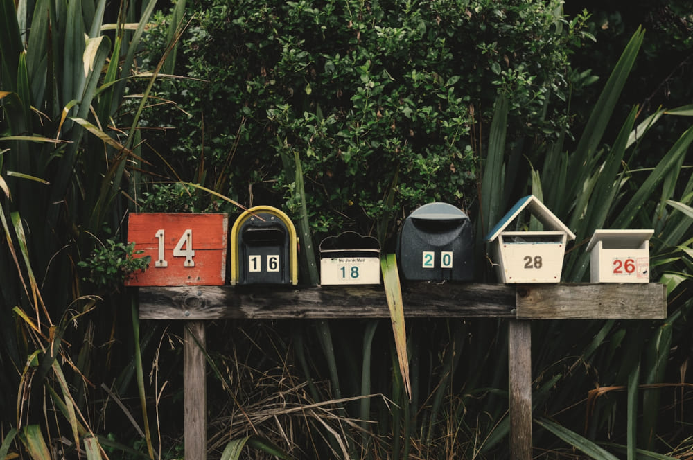 A line of mailboxes in front of lush foliage