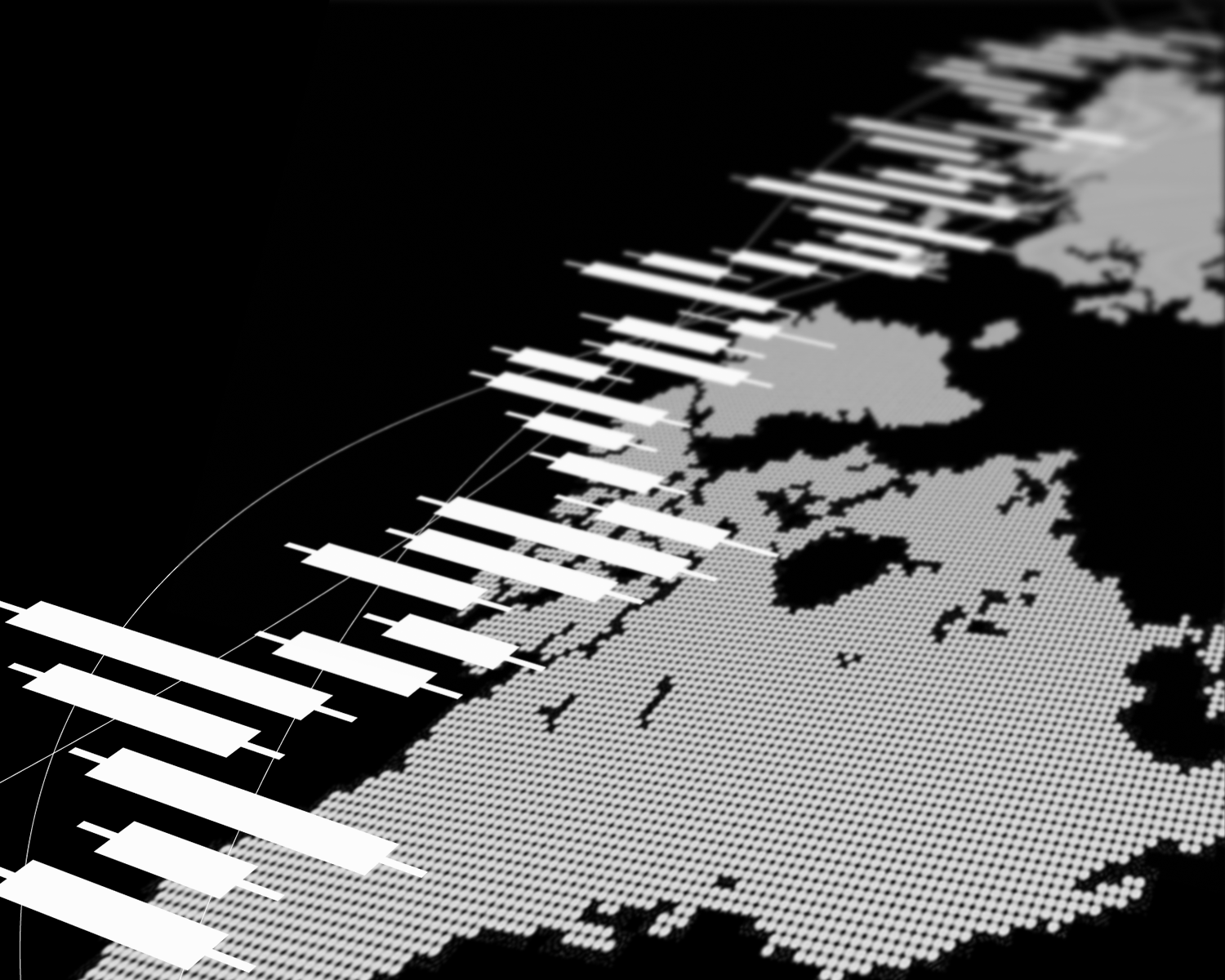 An abstract illustration of stock ticks hovering over a map of the globe.